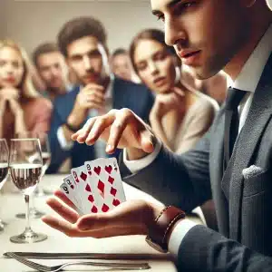 DALL·E-2024-10-31-15.56.53-A-close-up-image-of-a-professional-magician-in-business-attire-performing-a-magic-trick-at-a-table.-His-hands-are-in-motion-as-he-manipulates-playing--300x300 Close-up in Unternehmensveranstaltungen: Welche Auswirkungen hat Tischzauberei auf das Networking?